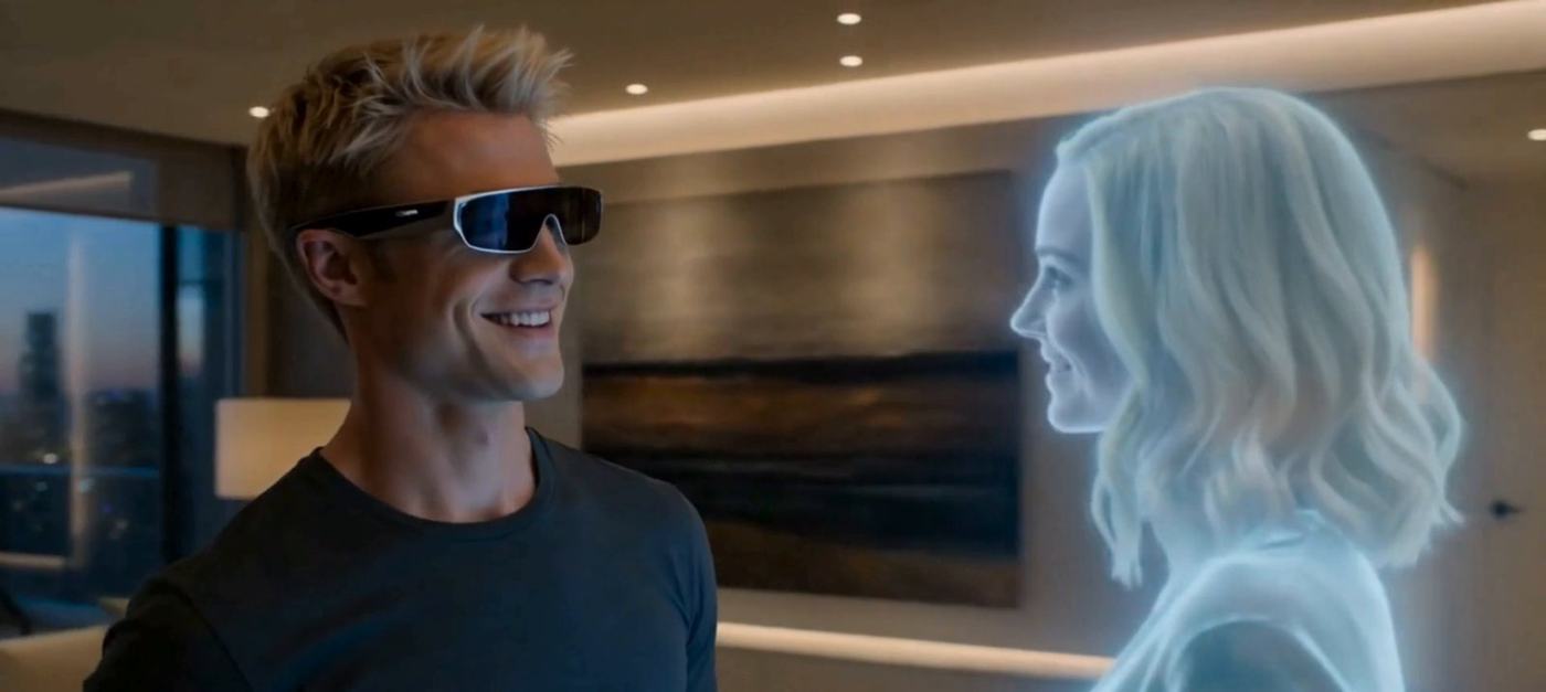 A man wearing AR glasses smiles at a life-size hologram of a woman standing in his living room