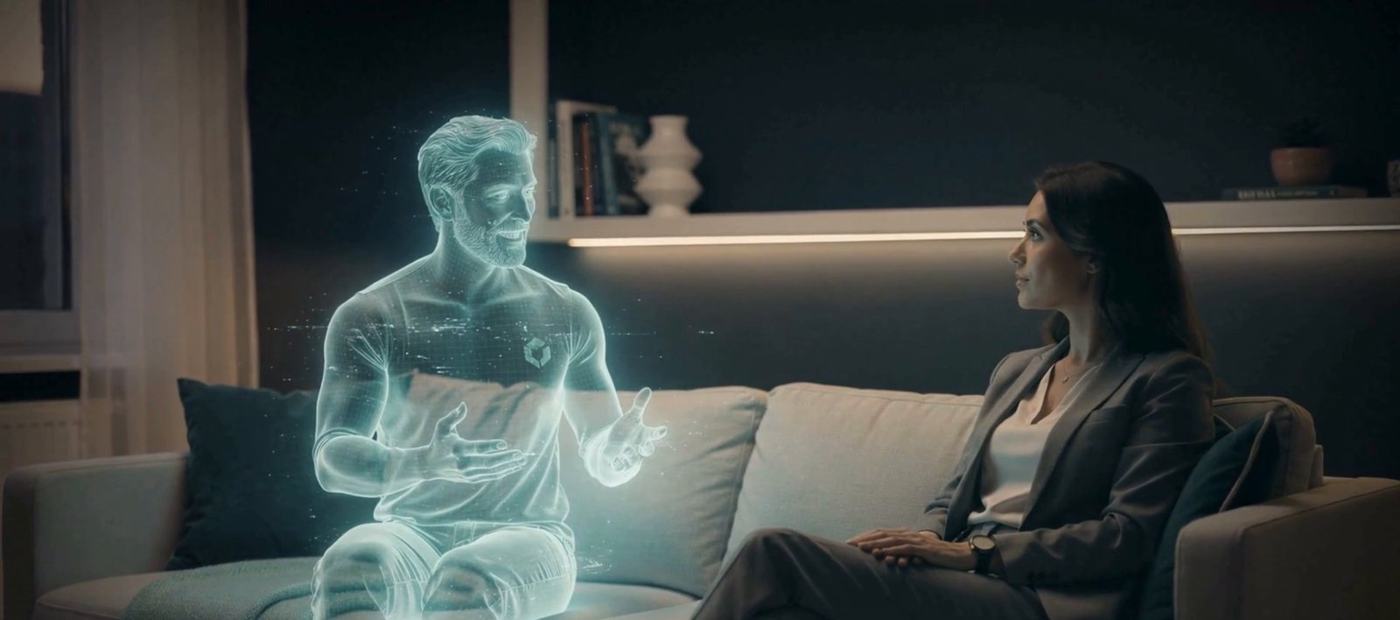 A holographic therapist sits beside a client on a sofa